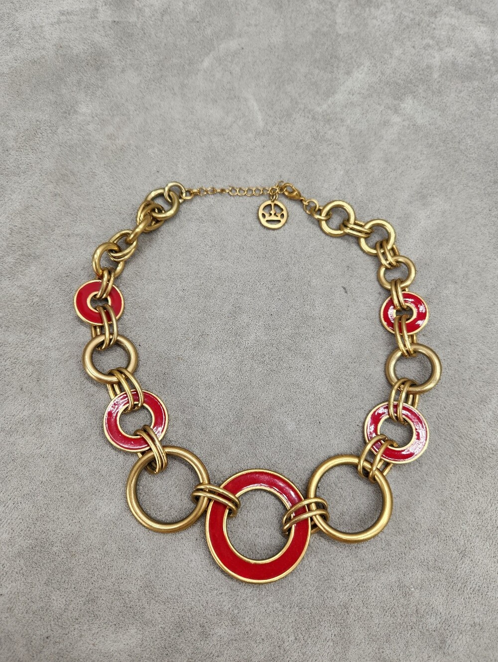Vintage 80s Trifari Statement Necklace Golden Tone Red Enamel Chunky Rings Crown